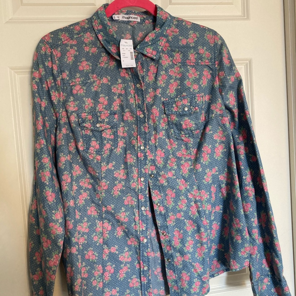 Floral Denim Long Sleeve Snapup Shirt Sz 0 PlusNWT